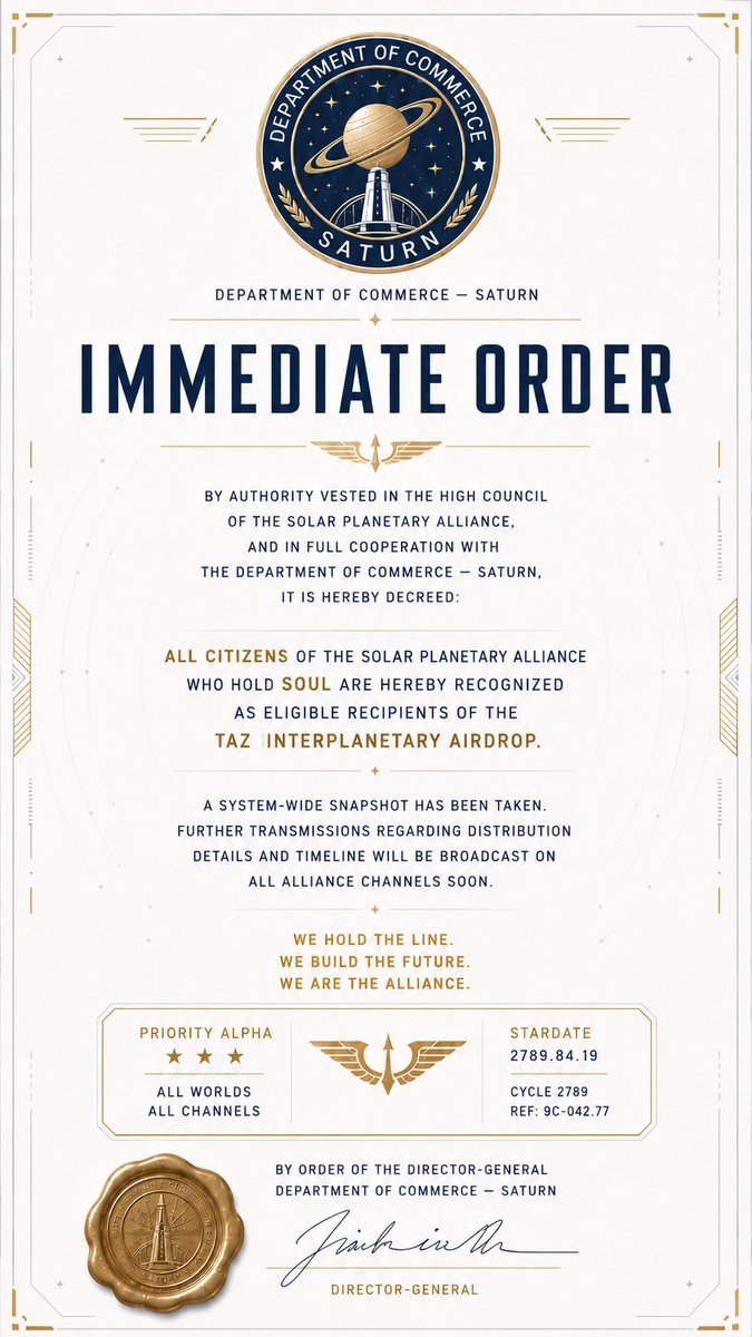 stellargate_io's tweet photo. 🪐 INTERPLANETARY TRANSMISSION — PRIORITY ALPHA

By order of the High Council of the Solar Planetary Alliance, a TAZ airdrop has been decreed for all citizens holding SOUL in the Phantasma network.

⚡ A system-wide snapshot has been taken.

📡 Further transmissions regarding distribution details and timeline will be broadcast on all Alliance channels soon.

🪖 We hold the line.
🔨 We build the future.
🌌 We are the Alliance.

— Department of Commerce, Saturn