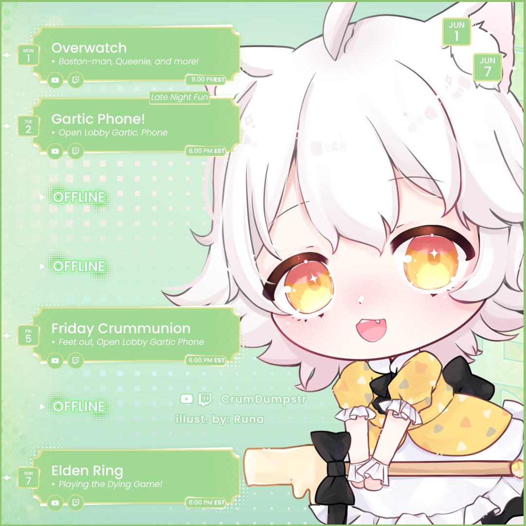crumdmpstr's tweet photo. 📣 WEEKLY SCHEDULE — GET BUTTERED UP, CRUMPETTS 📣
Another week, another chance to get absolutely ruined together. Here's where I'll be sliding in 👇 #vtuber #overwatch #Gartic #ELDENRINGナイトレイン葬儀屋・学者 https://t.co/YxWCe795Il