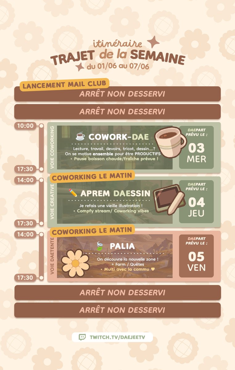 daejee_'s tweet photo. PLANNING 🌿

On souffle un peu après cette semaine de chaleur.
3 jours de stream bien remplis à l'horizon !

Hâte de vous retrouver dans notre petite ambiance cosy habituelle 🤎
https://t.co/rDGAZVqnHf https://t.co/PHiXoHFlsv