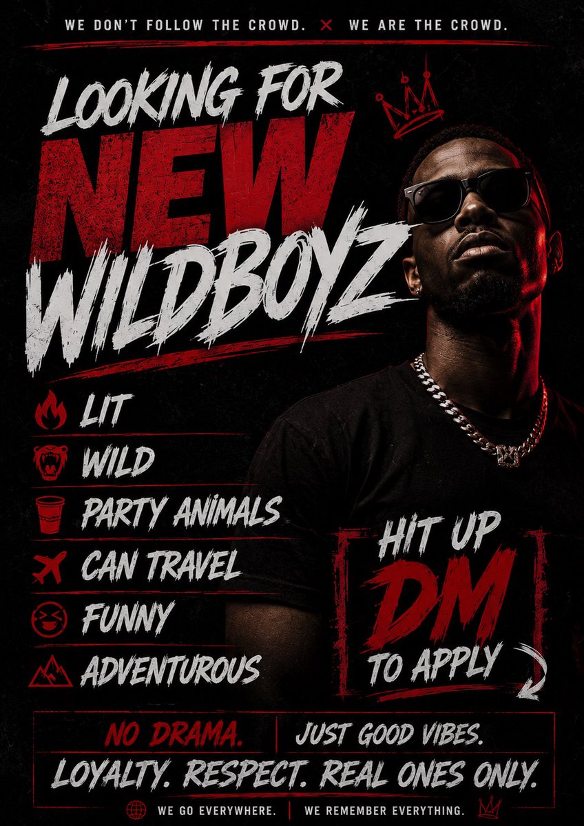 WildboyzNation's tweet photo. 🚨 LOOKING FOR NEW WILDBOYZ 🚨

We’re looking for the ones who stay lit, bring the energy, love to travel, know how to have a good time, and aren’t afraid to make memories.

✅ Wild
✅ Funny
✅ Adventurous
✅ Party Animal
✅ Down For Trips
✅ Good Vibes Only

This ain’t for everybody. We want real ones who can match the energy, show up, and help create unforgettable moments.

Think you got what it takes?

📩 Hit up the DM to apply.

#Wildboyz #LookingForWildboyz