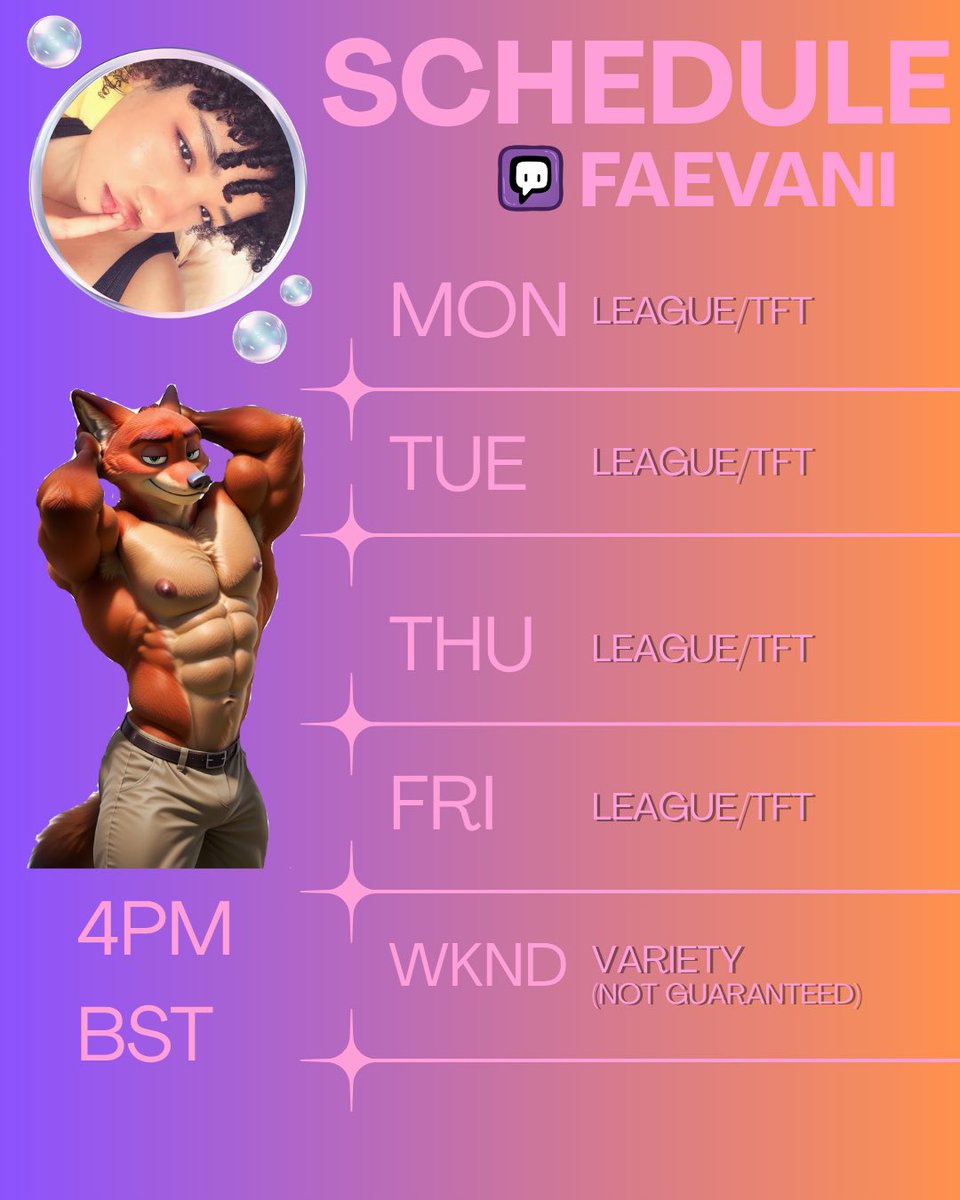 Faevanii's tweet photo. New stream schedule just dropped!! Tell yer nan!!! Ttv/faevani https://t.co/sVgB0l0il2