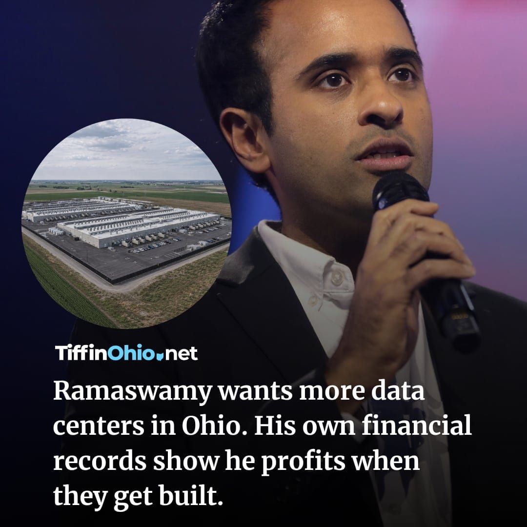 TiffinOhioNews's tweet photo. GOP gubernatorial nominee Vivek Ramaswamy holds personal investments across every tier of Ohio's data center sector — from chip makers to cloud operators to real estate trusts — sectors he would regulate as governor, according to a new Innovation Ohio report based on his 2025 financial disclosure. Read more: https://t.co/4QrKHUkj0T