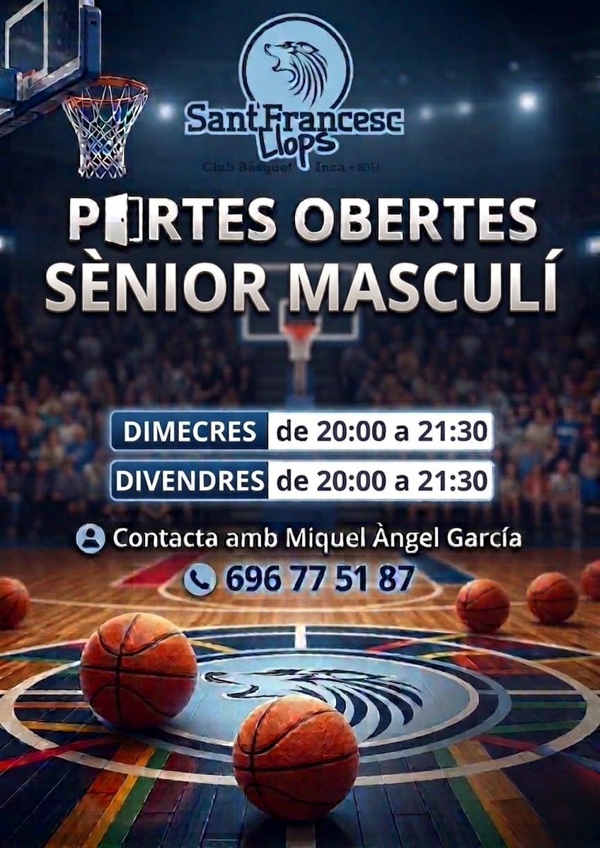 LlopsInca's tweet photo. 🏀🐺 Vols formar part del nostre JÚNIOR MASCULÍ INTERILLES per a la temporada 2026/27?

Vine a provar amb nosaltres dilluns de 20:00 a 21:30 i dijous de 17:00 a 18:30 hores.

📩 Contacta amb Miquel Àngel García
📞 696 77 51 87

#LlopsdInca #BàsquetSantFrancesc 
#JúniorMasculí https://t.co/MJy63Yfsuc