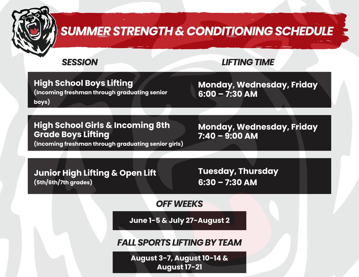 WBStrengthSpeed's tweet photo. Reminder that there is no HS or MS training this week. June 8th marks the first day of summer training sessions @JR_Sten23 https://t.co/kKUAGJMonZ