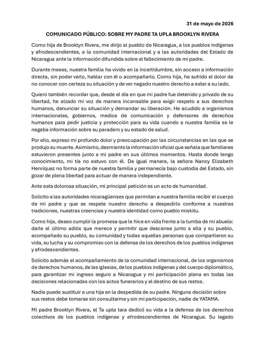 Thank you, Commissioner @PayaIACHR, for drawing attention to the tragic death of Indigenous leader Brooklyn Rivera while in the custody of the Ortega-Murillo regime.

Freedom House joins the call for the Nicaraguan authorities to respect his family’s wishes and allow him to be