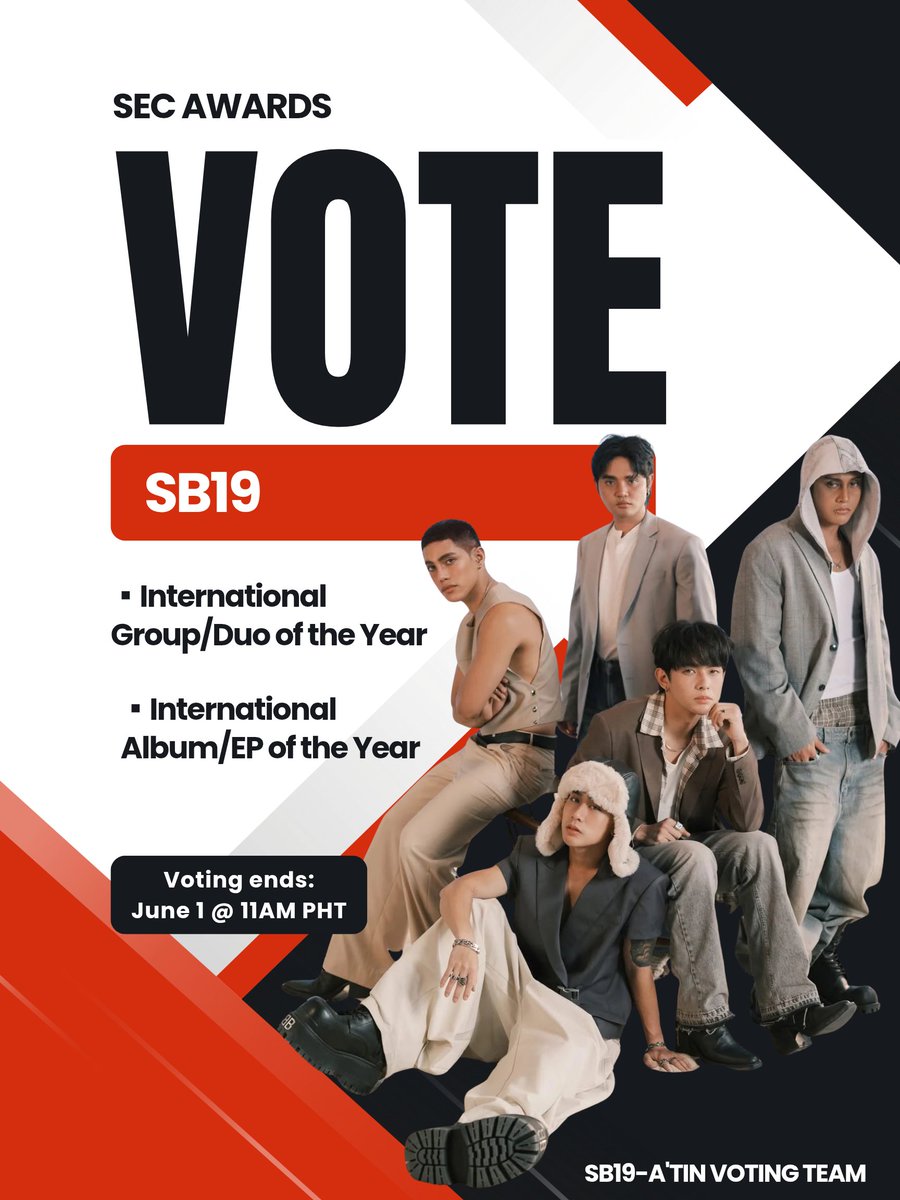 US_ATIN's tweet photo. 🚨Less than 6 hours to go!!🚨

The countdown is getting real, A'TIN!
I-todo na natin. 💪 Tara, samahan nyo kaming bumuto. Ipanalo natin 'to para sa SB19. 🏆

Voting links:
INTERNATIONAL ALBUM/EP OF THE YEAR
https://t.co/JXnQfUXmT7

INTERNATIONAL GROUP/DUO OF THE YEAR
https://t.co/nyV1l3OBlr

@SB19Official #SB19