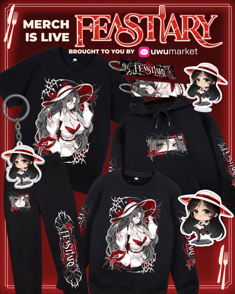 FEASTIARY's tweet photo. 🥩🍴 𝗙𝗘𝗔𝗦𝗧𝗜𝗔𝗥𝗬 𝗠𝗘𝗥𝗖𝗛 🍴🥩
Reminder Morsels 📢 Official merch is now available through our shop with UwU Market! Check out the carnivorous collection of apparel, keychains &amp; more!
ㅤ🛒 https://t.co/KRmlnGVs5y https://t.co/MkZh6HB2sP