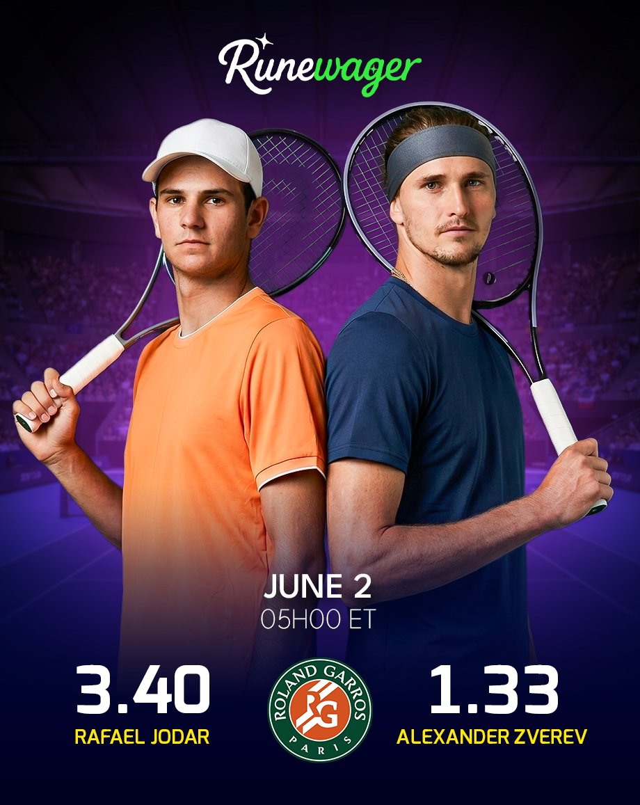 Runewagercom's tweet photo. #RolandGarros | JUNE 2 🎾

Rafael Jodar 🆚 Alexander Zverev

Can Jodar pull off the upset on clay?

🔁 + your pick &amp; RW | #sports 

👉 https://t.co/Hh0CgVLK47 https://t.co/04hCdlWAjM