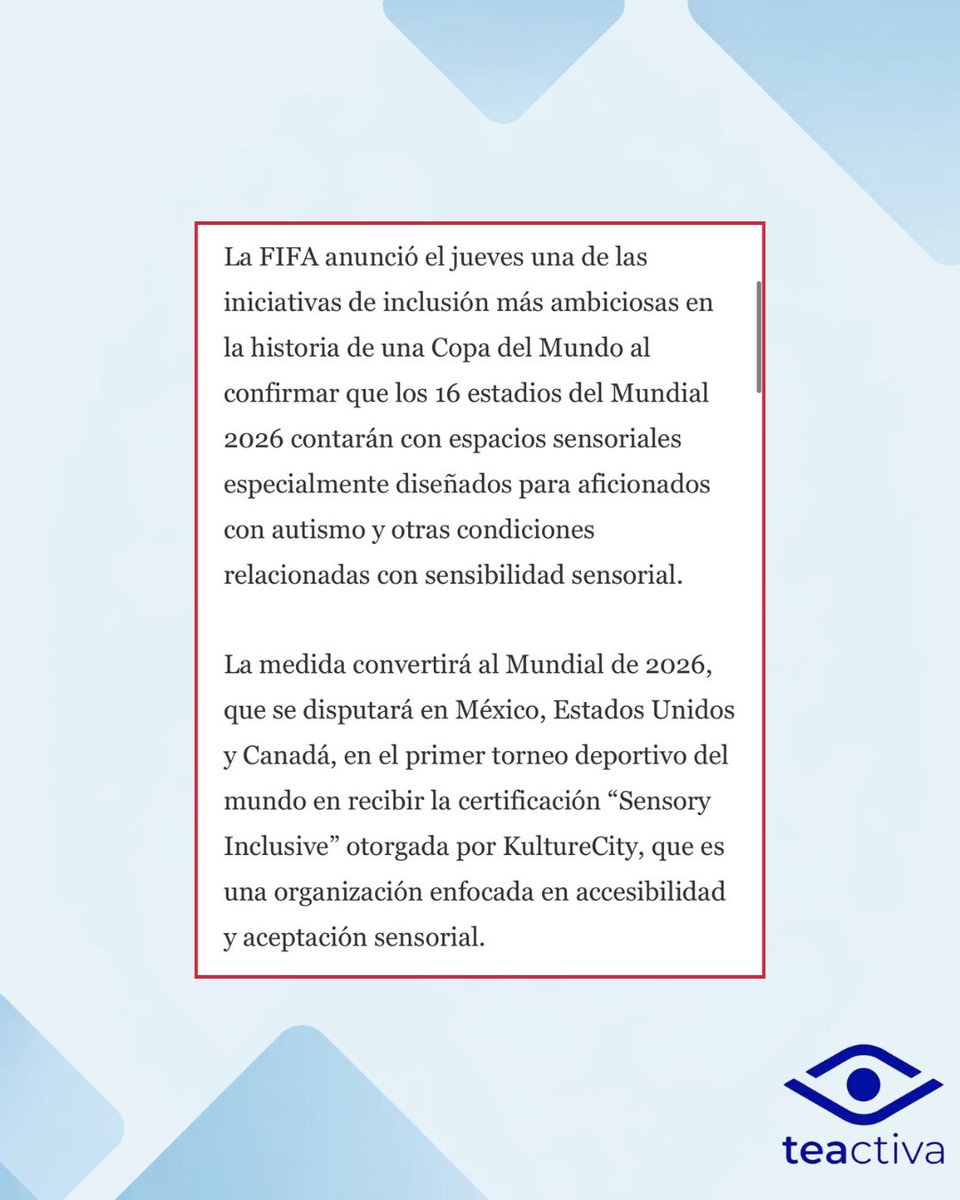 TEActivaONG's tweet photo. El Mundial 2026 tendrá salas sensoriales en sus 16 estadios 💙⚽

La FIFA anunció que todos los estadios contarán con espacios especialmente diseñados para personas con autismo y otras condiciones relacionadas con la sensibilidad sensorial, promoviendo una experiencia más accesible e inclusiva para los aficionados.

#Autismo #Inclusión #Mundial2026 #hablemosdeautismo