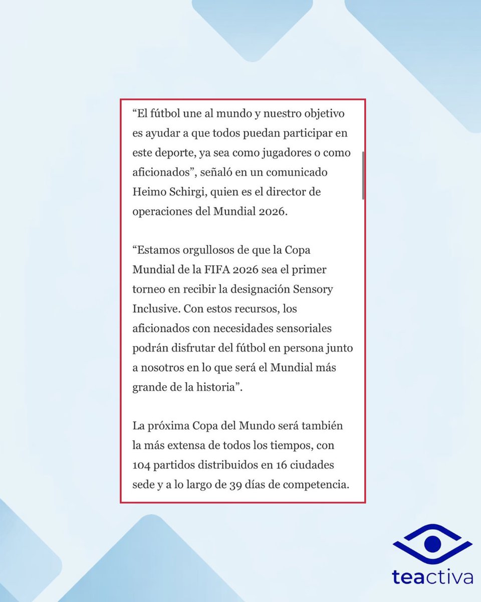 TEActivaONG's tweet photo. El Mundial 2026 tendrá salas sensoriales en sus 16 estadios 💙⚽

La FIFA anunció que todos los estadios contarán con espacios especialmente diseñados para personas con autismo y otras condiciones relacionadas con la sensibilidad sensorial, promoviendo una experiencia más accesible e inclusiva para los aficionados.

#Autismo #Inclusión #Mundial2026 #hablemosdeautismo