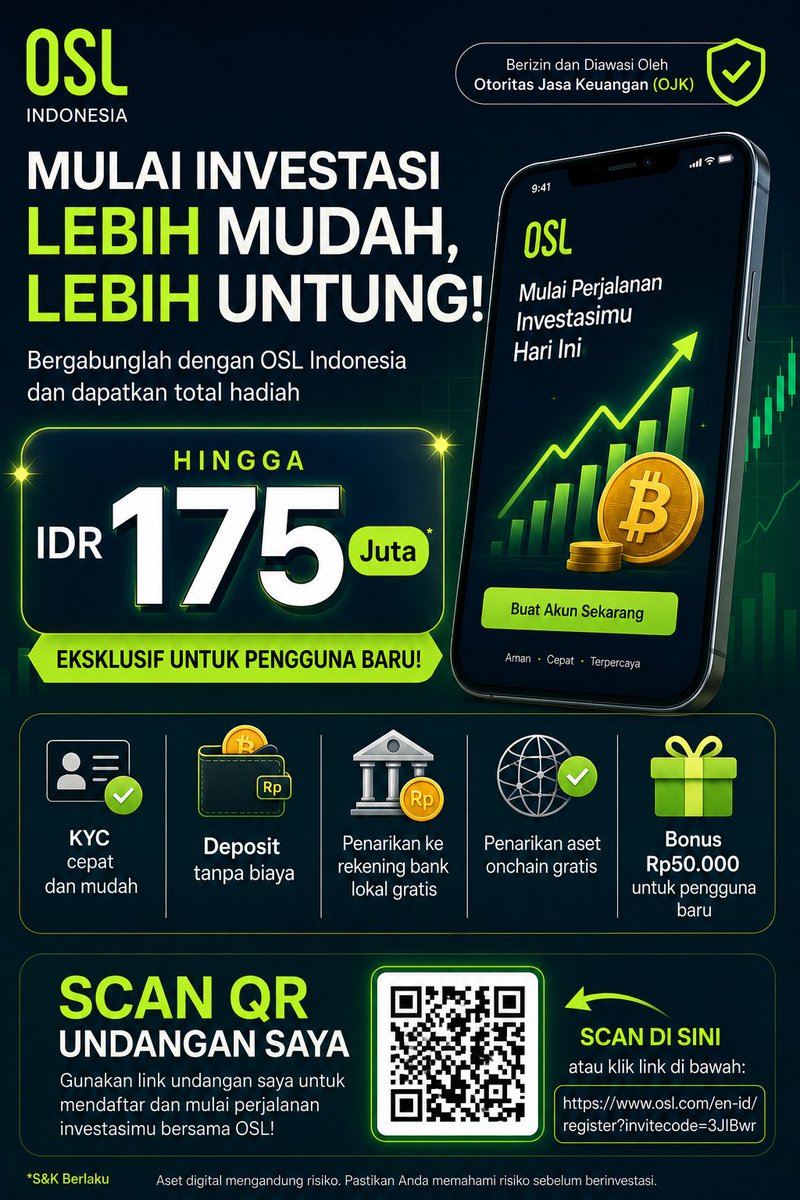 Andika_BNB's tweet photo. @OSL_ID 
Bonus Rp175 Juta untuk Pengguna Baru? Ini yang Disiapkan OSL Indonesia.

Benefit-Driven:
Mulai Investasi Lebih Mudah: Deposit Gratis, Penarikan Gratis, dan Bonus Pengguna Baru.

Masih banyak orang yang ingin mulai berinvestasi, tetapi terhambat oleh proses yang rumit, biaya tambahan, dan kekhawatiran soal keamanan platform.
Kini, OSL Indonesia mencoba menghilangkan hambatan tersebut dengan menawarkan proses registrasi yang lebih sederhana, biaya transaksi yang lebih efisien, serta program bonus eksklusif bagi pengguna baru dengan total hadiah mencapai Rp175 juta.

Selain program bonus, OSL juga menyoroti sejumlah fitur yang menjadi daya tarik utama platform mereka, seperti proses KYC yang cepat, deposit tanpa biaya, penarikan dana ke rekening bank lokal tanpa biaya tambahan, serta penarikan aset on-chain secara gratis.
Sebagai platform yang beroperasi dengan pengawasan regulator terkait, OSL berupaya memberikan pengalaman investasi yang lebih mudah diakses bagi masyarakat yang ingin memasuki dunia aset digital dengan lebih nyaman dan efisien.