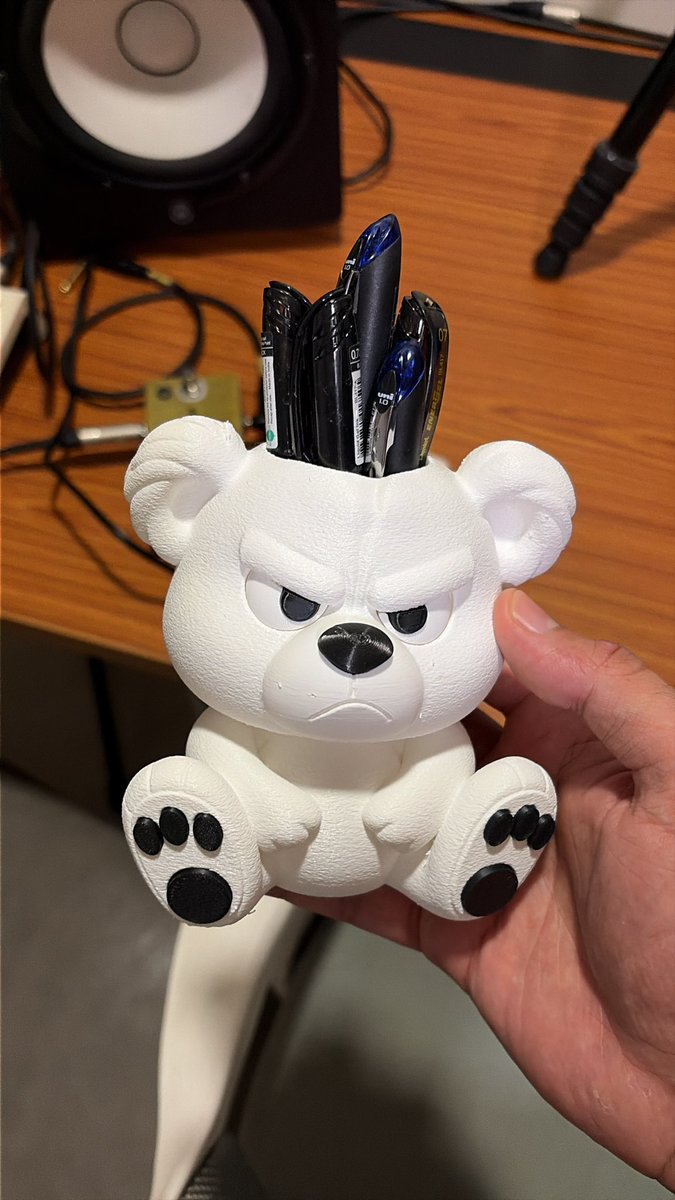 vedulamba's tweet photo. Owning a 3D printer is fantastically functional because wdym I can just WILL an adorable grumpy bear pen holder into existence??? https://t.co/RQaFgUm8Xs