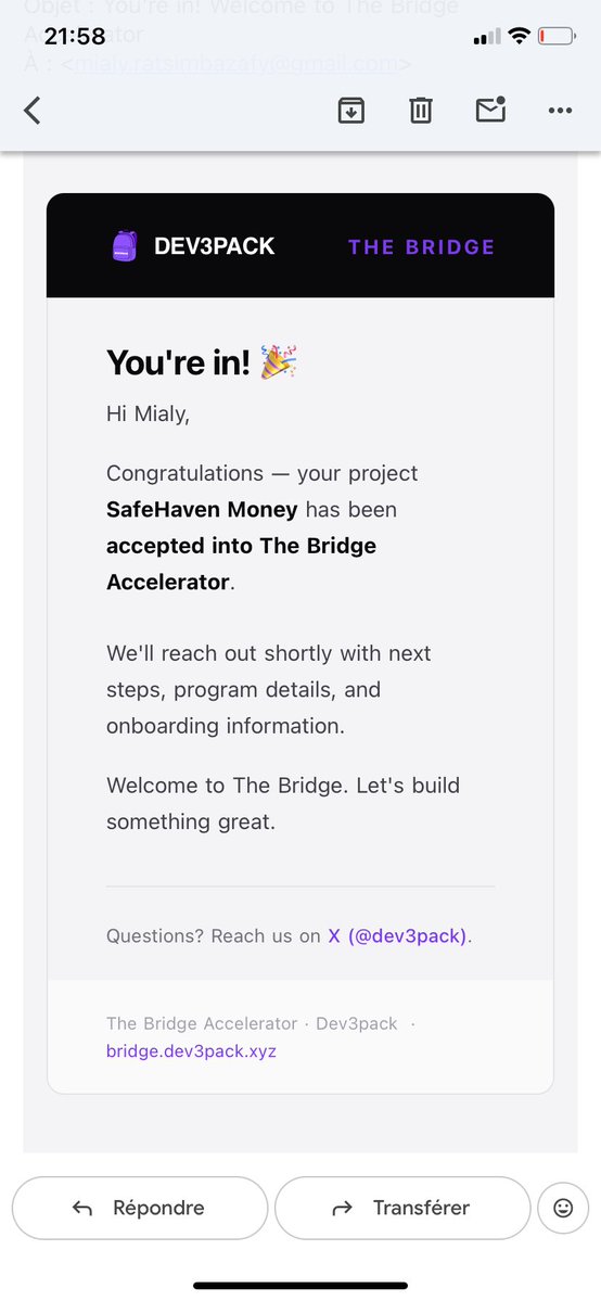Kheirabkcn's tweet photo. 🚀Excited to share that @safehavenmoney_ has been selected to join The Bridge Accelerator by @dev3pack ! From a 24h hackathon project to an accelerator program 💜
Proud to be building this journey with my partner @ellebuild . Thanks to @dev3pack and @_SDAV for their support 🙏 https://t.co/any4pDZRp9