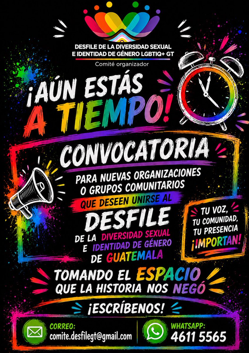 desfilelgbtiqgt's tweet photo. 🌈✨ ¡Aún estás a tiempo!
💜 Tu voz importa.
💙 Tu comunidad importa.
💚 Tu presencia importa.
Juntxs seguimos tomando el espacio que la historia nos negó
📲 Escríbenos por WhatsApp:
👉 https://t.co/j9CmdkGLqI
📧 comité.desfilegt@gmail.com
#DesfileGT #OrgulloGT https://t.co/ZetCogbCVd