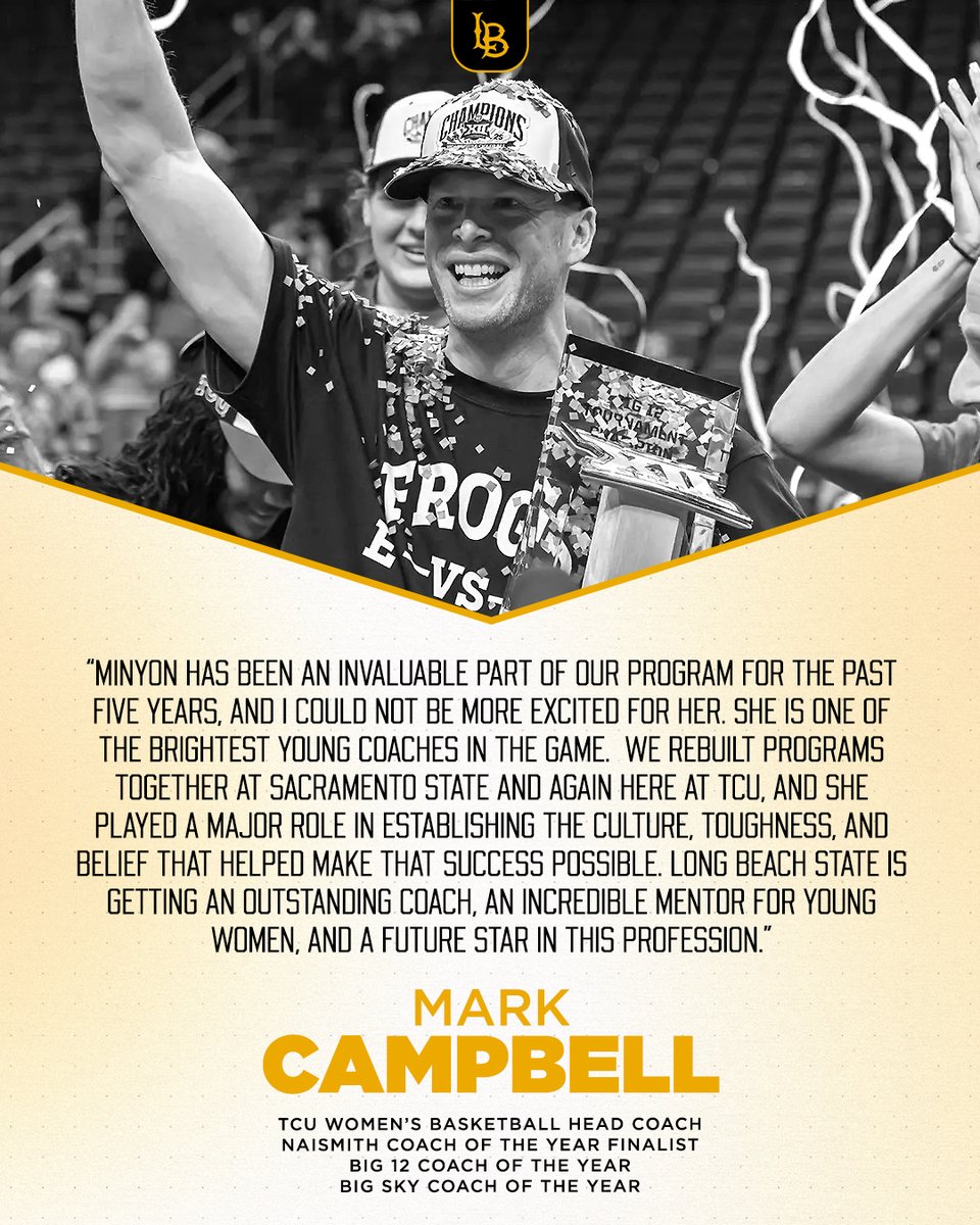 LBSUWBB's tweet photo. A championship coach recognizes championship qualities.

After five years together at TCU and successful program rebuilds at both Sacramento State and TCU, 𝐌𝐚𝐫𝐤 𝐂𝐚𝐦𝐩𝐛𝐞𝐥𝐥 knows exactly what Coach Moore brings to a team.

#GoBeach | #LongBeachBuilt https://t.co/oSD8SYMHxc