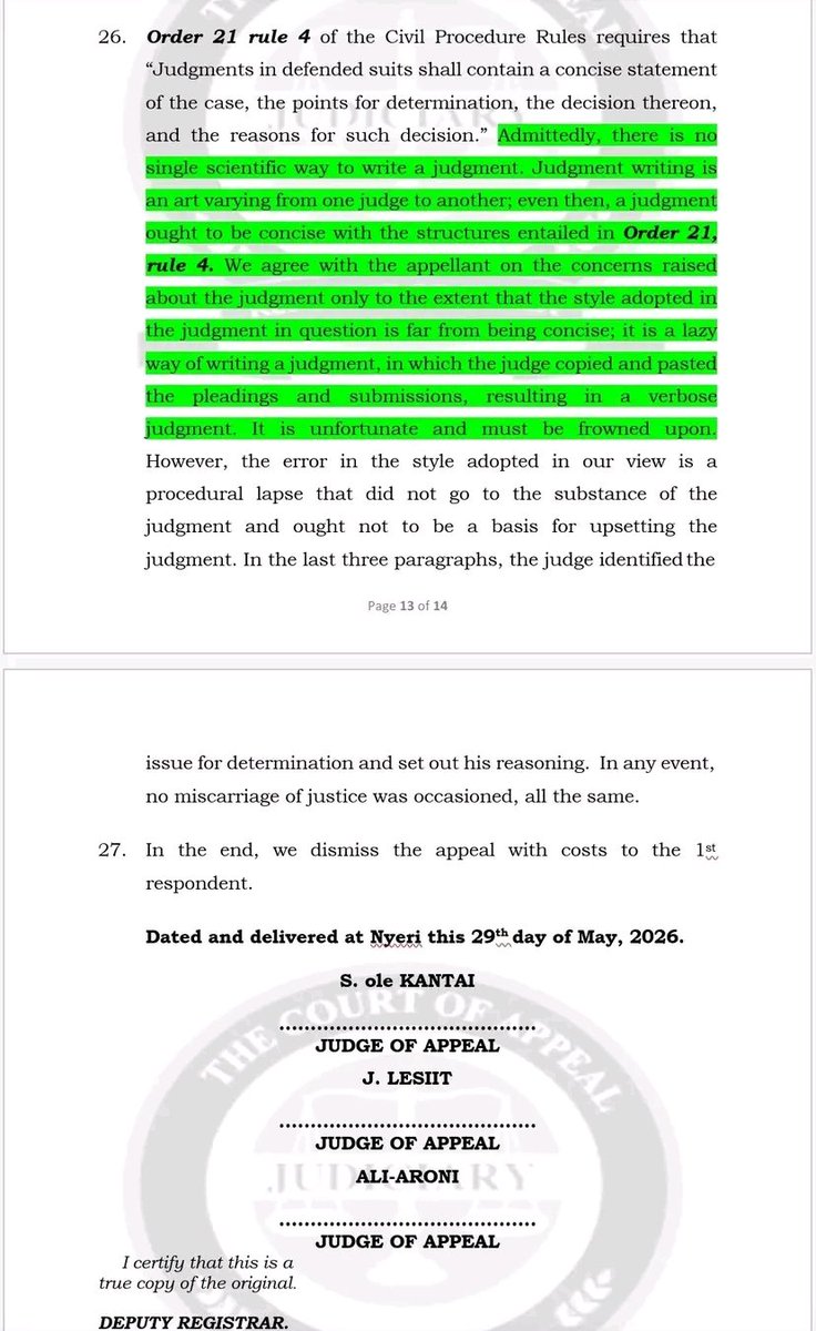Ndonglaw043's tweet photo. -Judges & Magistrates need to LEARN from the Judgement Writing Skills of Justice Bahati Mwamuye, the Good Judge engages with THE RECORD as argued by parties. Many JOs write like they do not get salaries, create own facts, barely engages with ALL ARGUMENTS, barely refers to case laws & legal issues as raised by parties. Just full of 'I AM PERSUADED...I HAVE CONSIDERED...I HAVE REFLECTED..'✅️
-At the same time you cannot be a Copy paste Judge, you recall the Wasilwa decision on the NPSC on Recruitment of officers, 72 pages of what parties said, 14 pages of the law & barely 4 of the 14 of them of analysis. ✅️
-A Judicial Officer who does not pay close attention to parties is a Litigant themselves, it is inevitable to deflect into GROSS ERRORS OF LAW & FACTS
-The Court of Appeal, Kantai, Lesiit & Aaroni JA shares in this concern that I have kept Writing about. ✅️💯