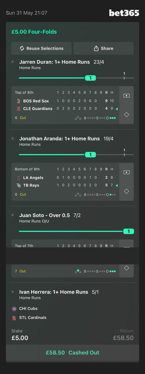 mrjaysondrake's tweet photo. @KasperMLB @PropSurfer 
I just accidentally cashed this out mere minutes before Soto homered while cashing out some other bets, i don’t know that i can forgive myself for this one, genuinely sickening, didn’t even realise till i saw Soto went &amp; i tried to find the bet. https://t.co/cIEIi5jaWW