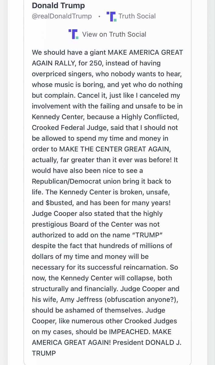 FDonaldTrump25's tweet photo. @MAGAVoice You all keep trying to act like Trump didn’t show exactly what this concert was about. He wants to cancel it and hold a rally 😂☠️. He doesn’t give a shit about America and America 250 was always just another ego trip. All the artists who cancelled were proven completely right! https://t.co/sJhHmmeR1i