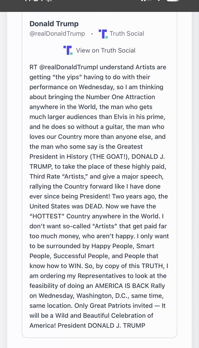 FDonaldTrump25's tweet photo. @MAGAVoice You all keep trying to act like Trump didn’t show exactly what this concert was about. He wants to cancel it and hold a rally 😂☠️. He doesn’t give a shit about America and America 250 was always just another ego trip. All the artists who cancelled were proven completely right! https://t.co/sJhHmmeR1i