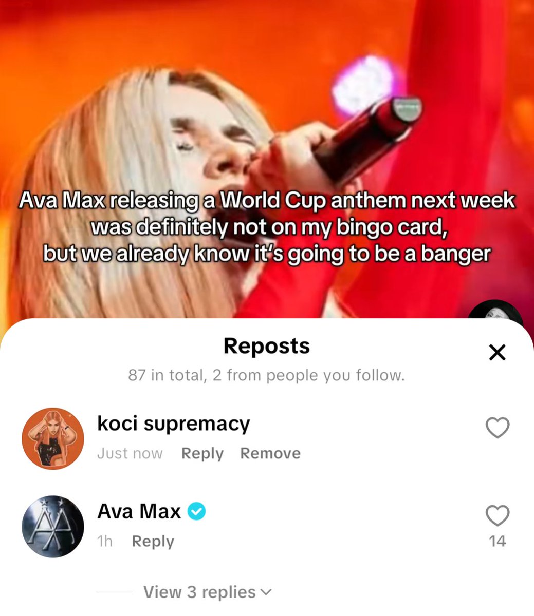 InfoAvaMax's tweet photo. And if anyone was still doubting, Ava Max confirmed the existence of the song by reposting a TikTok mentioning it! :) https://t.co/NiHBMtuaq8