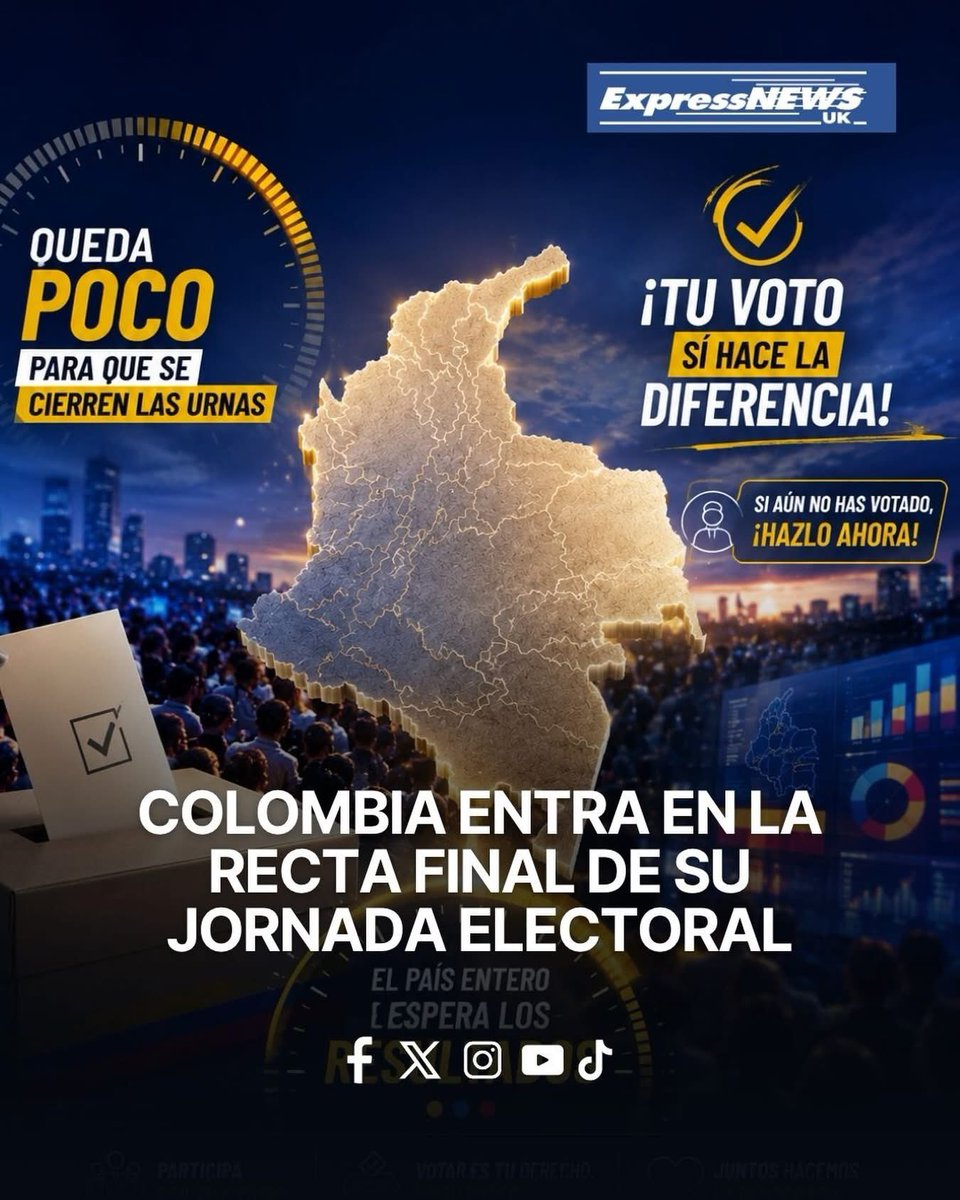 expnewsuk's tweet photo. 🗳️ En unos minutos, Colombia cerrará las urnas para la primera vuelta presidencial. A las 4 p.m. (hora Colombia) terminará la votación que definirá al próximo presidente del país.

✅ Si ningún candidato obtiene mayoría absoluta (más del 50% de los votos válidos), habrá segunda vuelta entre los dos más votados.

⏳ En las próximas horas, Colombia y el mundo entero conocerán los resultados de esta histórica jornada electoral.

📢 Express News estará atento a los resultados.
¡La democracia habla en Latinoamérica! 🇨🇴

#expressnewsuk #expressnewsuknoticias #colombia #colombianosenelexterior #eleccionesprecidenciales2026