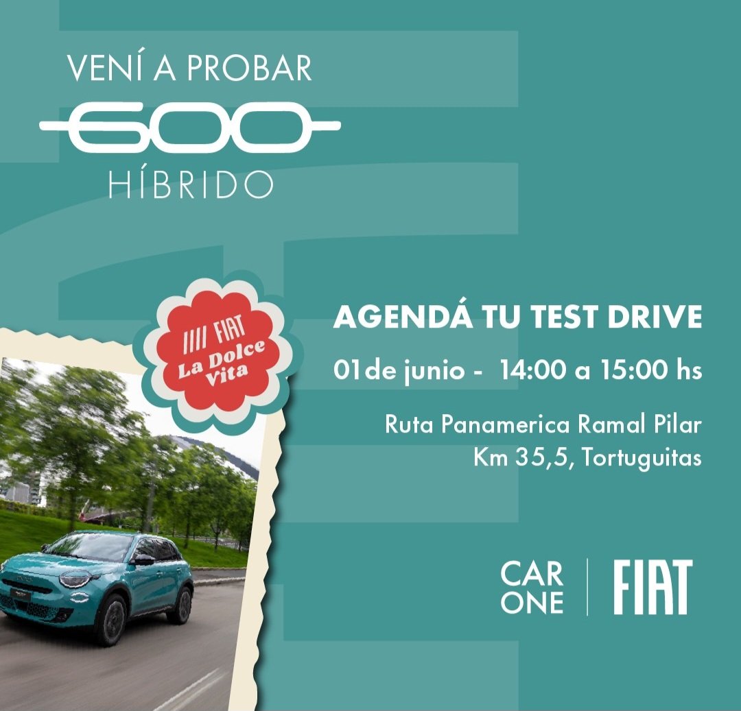autoexecutiveAR's tweet photo. 🔴 Atención si este lunes andas por Tortuguitas o pasas por la Ruta Panamerica acceso a Pilar altura peaje...!! 
Fiat Car One invita al test drive del 
"Fiat 600 Hybrid" en el predio de la concesionaria en Tortuguitas de 14 a 15 horas....! 🚘
Más info 👇 https://t.co/nYgTfl4VHf https://t.co/anmji056dk