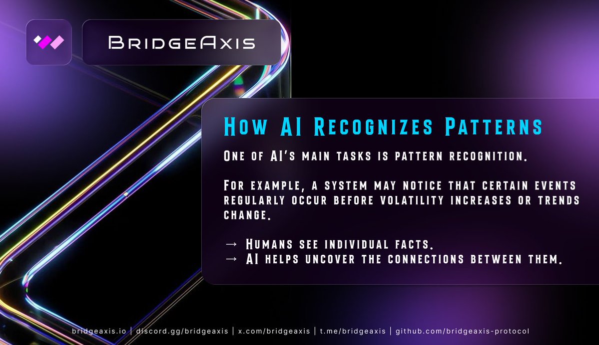 BridgeAxis's tweet photo. 🫆 How AI Recognizes Patterns?

One of AI’s main tasks is pattern recognition.

For example, a system may notice that certain events regularly occur before volatility increases or trends change.

→ Humans see individual facts.
→ AI helps uncover the connections between them. https://t.co/wmOON1y4fs