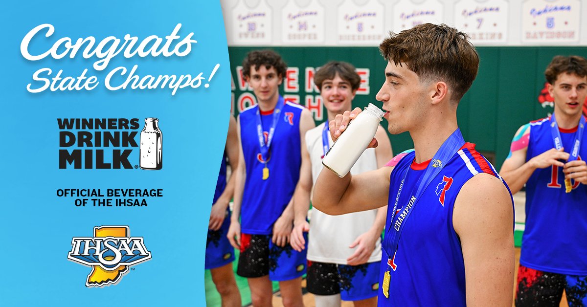 IHSAA1's tweet photo. Winners Drink Milk!

Congratulations to the Roncalli Royals, 2026 IHSAA Boys Volleyball State Champions! This is Roncalli's fifth straight boys volleyball state title, second straight as IHSAA sanctioned! 🏆🏆🏆🏆🏆

Special thanks to the American Dairy Association Indiana…Refuel, Rehydrate, Repair with Milk, the Official Beverage of the IHSAA! @INDairy 

Photo Creds:
Darnell Scott - Double Edge Media @demllc