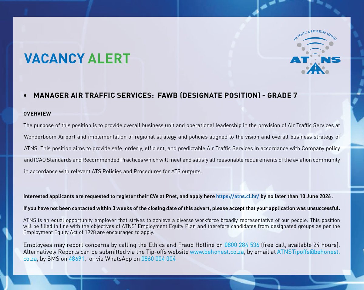 ATNSSA's tweet photo. VACANCY ALERT!

To apply: https://t.co/v2onlg99lO 

Closing Date: 10 June 2026 https://t.co/hJ5eQEdxse