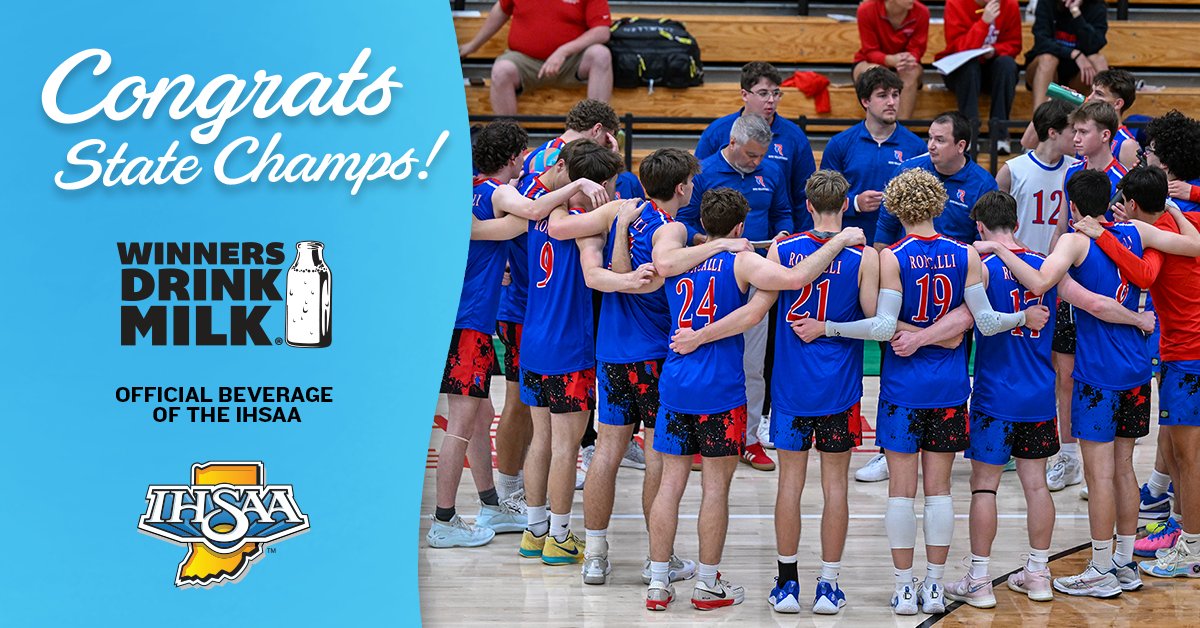 IHSAA1's tweet photo. Winners Drink Milk!

Congratulations to the Roncalli Royals, 2026 IHSAA Boys Volleyball State Champions! This is Roncalli's fifth straight boys volleyball state title, second straight as IHSAA sanctioned! 🏆🏆🏆🏆🏆

Special thanks to the American Dairy Association Indiana…Refuel, Rehydrate, Repair with Milk, the Official Beverage of the IHSAA! @INDairy 

Photo Creds:
Darnell Scott - Double Edge Media @demllc