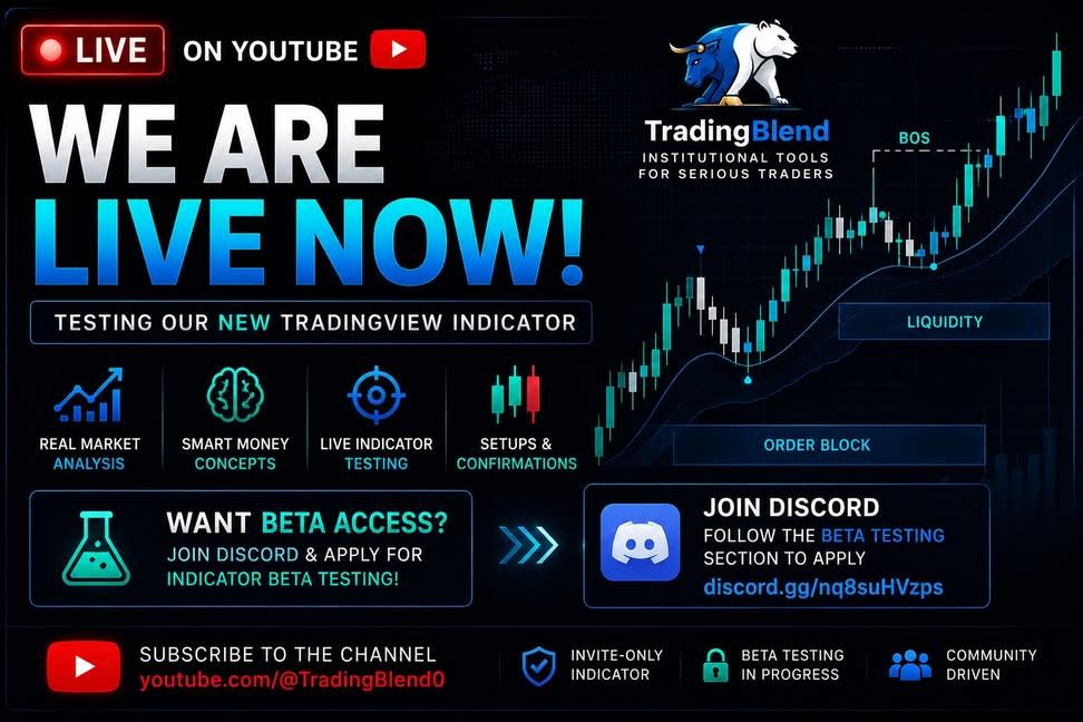 TradingBlend's tweet photo. 🔴 We are LIVE on YouTube testing our new invite-only TradingView indicator 👀

Want beta access? Join Discord &amp; apply to test it yourself 🚀

📺 https://t.co/gfxKPLeMYo
💬 https://t.co/HthphLVErk https://t.co/gQDqa0fdJF