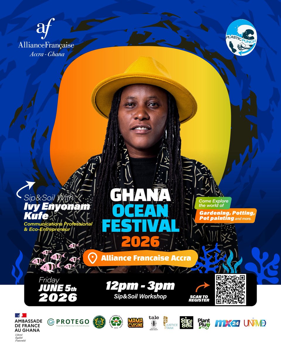 AF_Accra's tweet photo. Sustainability meets creativity at the Ghana Ocean Festival 2026. 🌊

We are thrilled to announce that @ivyenyonam_ , a premier Ghanaian eco-entrepreneur and prominent green advocate, will be hosting a specialized Sip &amp; Soil workshop. https://t.co/By9RgxmDbu