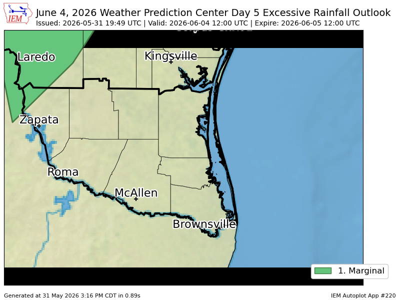 RGVWeatherNow's tweet photo. WPC issues Day 5 Marginal Risk Excessive Rainfall Outlook at May 31, 19:49z for BRO https://t.co/1KRNxDtiz8 https://t.co/bwjoKXeRm9