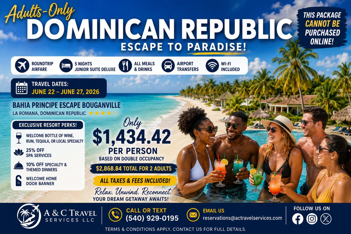 ACTRAVELSERVICE's tweet photo. 🌴☀️ ADULTS-ONLY DOMINICAN REPUBLIC ESCAPE! ☀️🌴

✈️ Air + All-Inclusive Resort + Transfers
📅 June 22–27, 2026
💰 $2,868.84 for 2 Adults

🚨 NOT AVAILABLE ONLINE! 🚨

📞 Text/Call: (540) 929-0195
📧 reservations@actravelservices.com

https://t.co/p37MhNiX7Z https://t.co/N1JplN92Sq