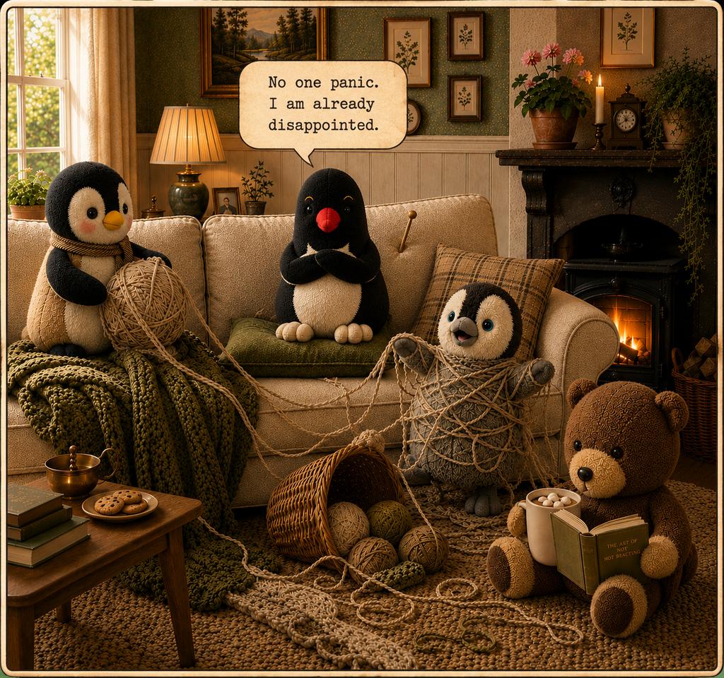 MLORartwork's tweet photo. Day 18: Disappointed 🐧🧶
A cozy cottage evening with Cody, Hannah, Stina, and Nallis quickly turns into complete yarn chaos. While Hannah gets tangled beyond recovery, Cody remains emotionally prepared for disappointment.  #storybookart #cozyvibes #whimsicalart https://t.co/8toGsF8OVf