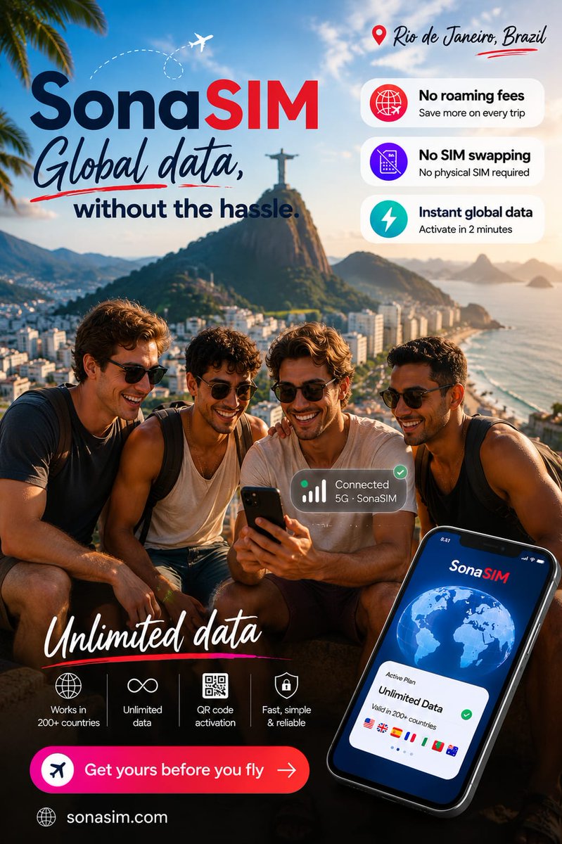Sonasim117's tweet photo. Four friends landed in Rio. One QR scan later, everyone had unlimited data. No SIM swapping. No roaming shock. No waiting. Activate in 2 minutes at https://t.co/QgFWQe5v5y #HolidayCrew #TravelConnected https://t.co/FZlYrMhBpn