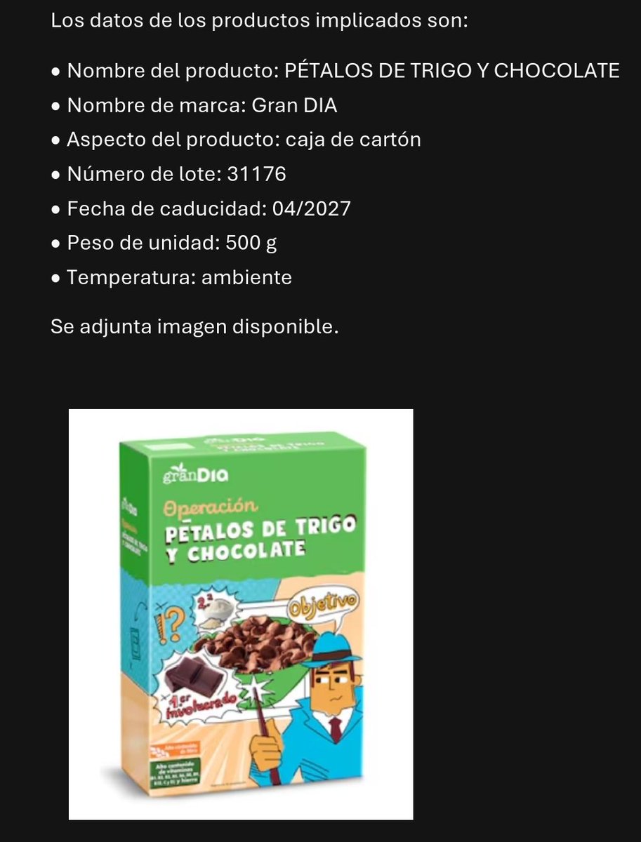 AESAN_gob_es's tweet photo. ⚠️ Alerta por posible presencia de partículas de aluminio en cereales para el desayuno con chocolate.
🚫 No consumir
📌 https://t.co/bB2OoiX0tq https://t.co/wRA9PCwWBD