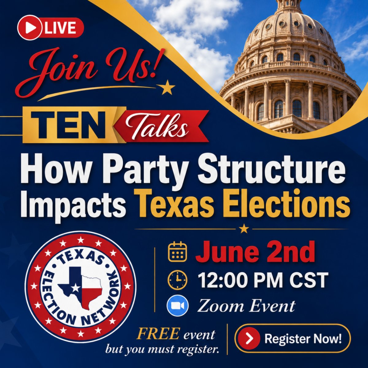 TexasElection's tweet photo. 🎤 TEN Talks: How Party Structure Impacts Texas Elections

June 2 | Noon CT | Zoom
Learn how Texas party organization influences elections and grassroots engagement.
👉 Register: https://t.co/UxMYKWEDtG
Replay available.

#TexasElectionNetwork #ElectionIntegrity https://t.co/6IXR8mxcwD