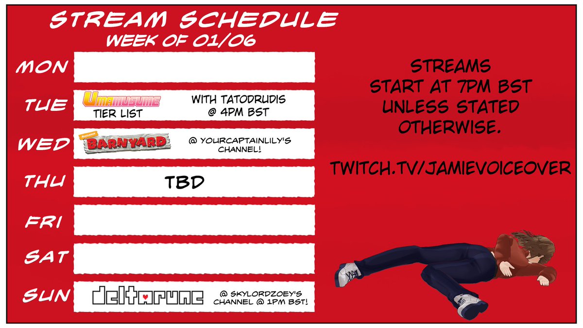 JamieVoiceOver's tweet photo. Here's the upcoming schedule. I might go live on the blank days at the designated time, however what we are doing is up in the air. https://t.co/Lu2GNPHZt2