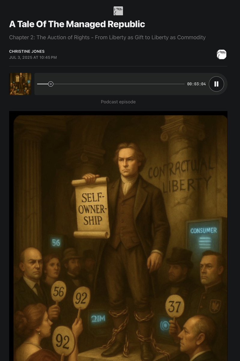 thepalmerworm's tweet photo. ‘Abolish the public monopoly on force and you do not arrive at no sovereign; you arrive at the private one. The competing firms meant to supply protection, adjudication, and enforcement do not dissolve sovereignty — they auction it, and whoever accumulates enough becomes a sovereign in fact: the sovereign corporation, the network state its own architects now openly champion.’ (Turner)
https://t.co/6HmLx4TAH2

This is why I published my 8-part series almost a year ago, entitled ‘The Managed Republic’ https://t.co/npBPnqhO1F specifically to teach readers/listeners about this very auctioning of sovereignty and what scholar of the American Founding, Daniel N Robinson called; the folly of self-ownership - specifically criticizing and refuting the mistaken assumption that one can ‘own oneself’ as a basis for inalienable rights;

‘You cannot own yourself in the same way you own a coat or a horse. Ownership implies the possibility of transfer, alienation, or disposal. If liberty is inalienable (which under American Constitutional Republican governance it is!), then it cannot be the object of ownership, for ownership entails the power to alienate.’ (Robinson)

This is where Robinson finds theories that ground liberty in self-ownership to be not just mistaken but crucially, internally self-defeating‼️. Self-ownership is a modern constructivist legal fiction. Robinson traces this concept to certain Enlightenment and post-Enlightenment thinkers (like John Locke, who Peter Thiel draws heavily on in his ‘Straussian Moment’ writings) and Robinson rejects it - identifying it correctly as a derivative artifact of contract theory, not a principle of Natural Law Constitutionalism.