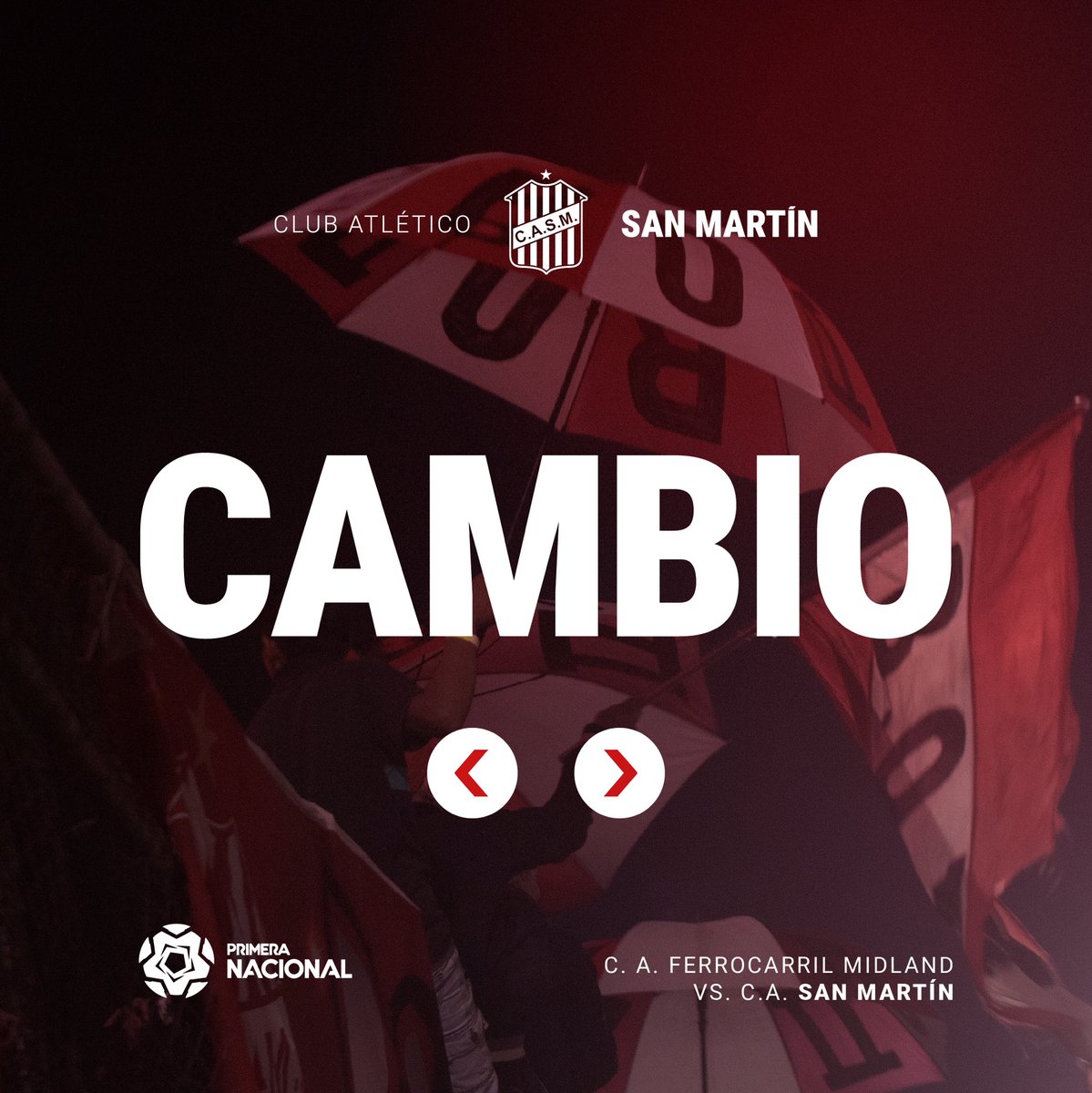 CASMOficial's tweet photo. 🔴⚪️ #PrimeraNacional

🔄 Cambio en San Martín

🔺 Guillermo Rodríguez
🔻 Luca Arfaras

Midland 1 - 0 San Martín

⚽️ #VamosCiudadela https://t.co/YrJsgVrraj