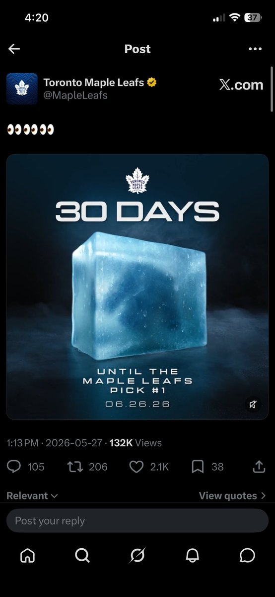 interleafs95's tweet photo. @FlamesNation @OUTDOORdental Wouldn’t count on it boys. Plus it’s dregger saying this. 

The leafs wouldn’t be advertising the days until they “pick # 1” if they were gonna move it lol https://t.co/pfdwA4S8gL