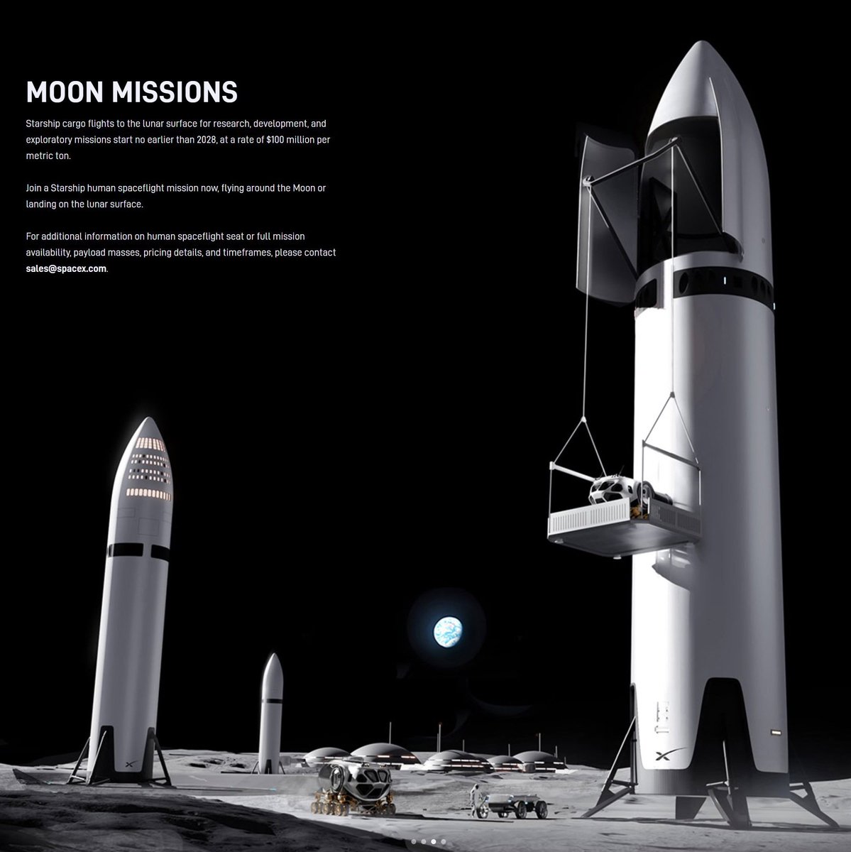ErnestCalFab's tweet photo. SpaceX ha actualizado su página Web, ahora las misiones con cargas comerciales a la luna y Marte empezarían en 2028. https://t.co/8HrFGiuSt8