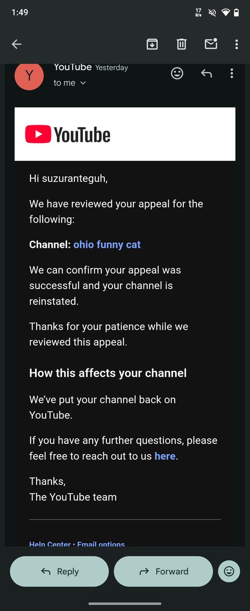 rud7774's tweet photo. @TeamYouTube My channel Ohio Funny Cat was restored after a successful appeal, but a few hours later it was terminated again for Circumvention Policy. I have emails proving both decisions. This looks like a system error. Please request a human review. Thanks. https://t.co/8DBBRoY8cN