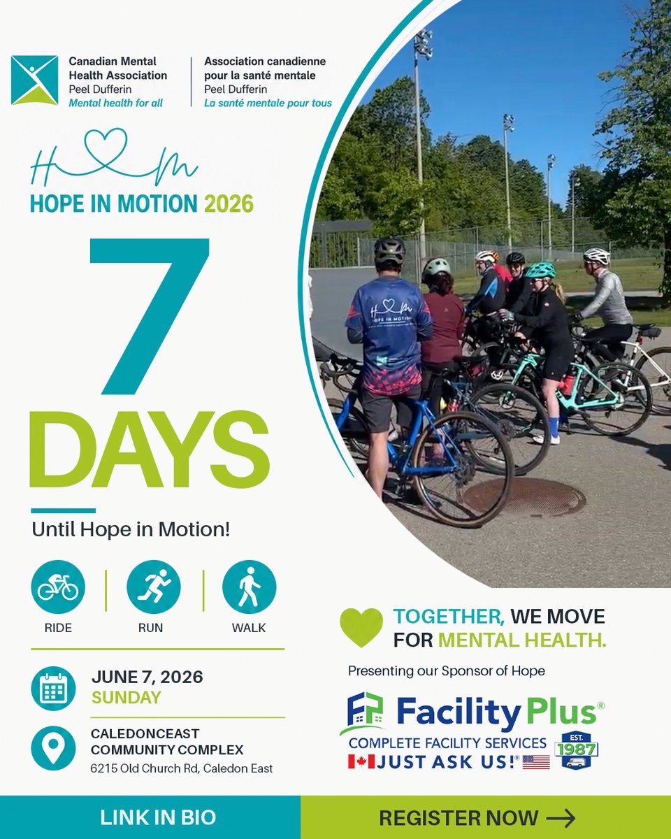 CMHAPeelDuff's tweet photo. 💚 7 days until #HopeInMotion2026

Ride, run, walk, or have a picnic with us on June 7 and support local mental health and addiction services across Peel and Dufferin.

📍 Caledon East Community Complex
🚴🏃🚶 All ages &amp; abilities welcome

Register today: https://t.co/MGoUpgbIBh https://t.co/qGkvNL9WtV