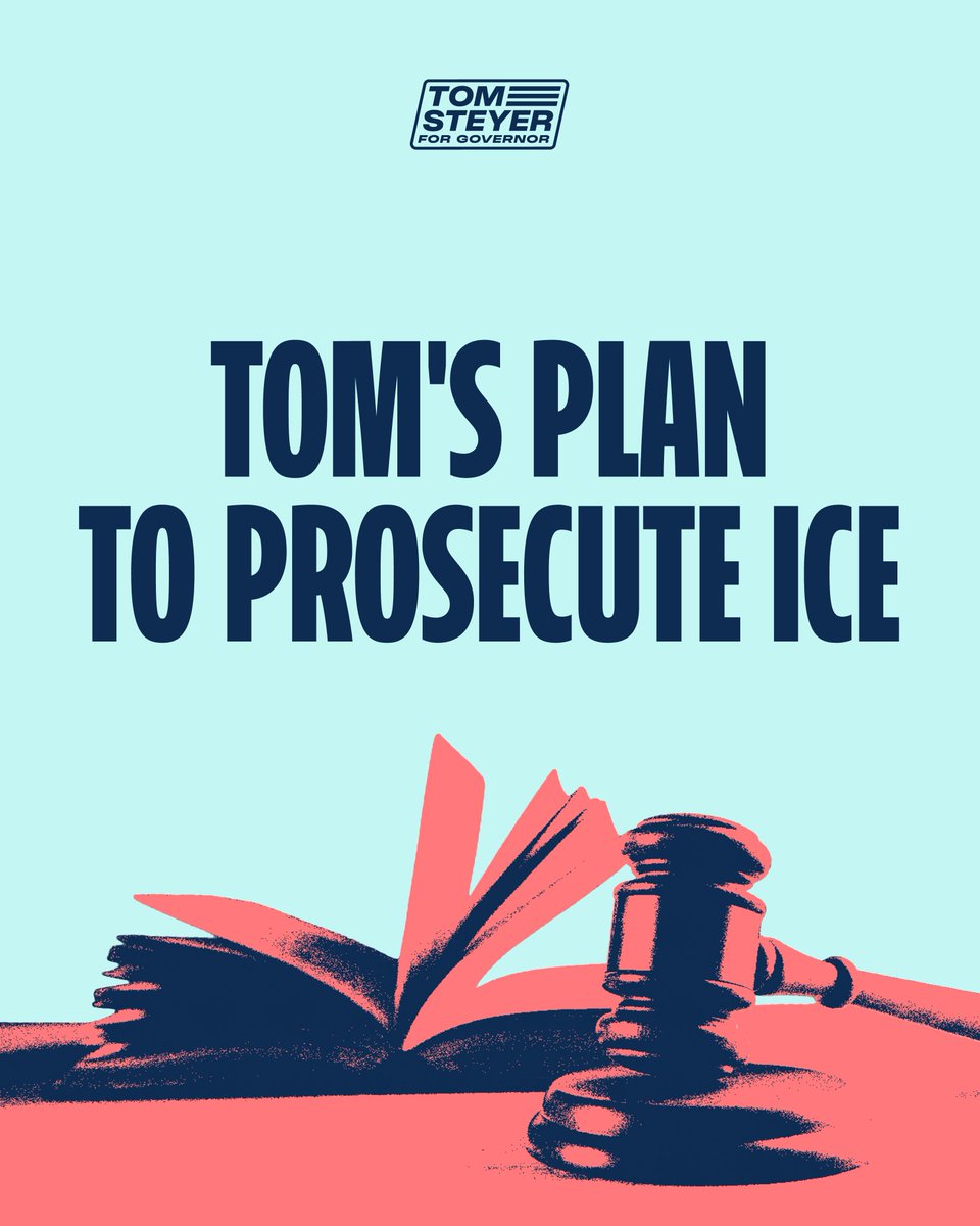 TomSteyer's tweet photo. If you break the law, you go to jail. Simple as that.

Here's my plan to prosecute ICE:

1. OUTLAW RACIAL PROFILING BY ICE AGENTS

I will pass legislation outlawing law enforcement from profiling anyone based on their race, ethnicity, language, occupation, or location. We are done letting federal badges serve as a shield for abuse.

2. PROSECUTE ICE AGENTS AND LEADERSHIP

If ICE agents break the law, the State of California will criminally prosecute not just the ICE agents committing crimes, but the leadership directing them.

3. CREATE A SPECIAL INVESTIGATIVE UNIT

I will appoint a special unit to investigate detention facilities and collect evidence for the Attorney General on figures like Stephen Miller for possible crimes and prosecute offending officers.

4. PROTECT THE RIGHTS OF CALIFORNIANS

I will fund free legal defense and investigators to assist those who have been imprisoned without due process.

5. LAUNCH A "KNOW YOUR RIGHTS" CAMPAIGN

I will launch a massive statewide public education campaign so every Californian knows their rights if stopped, detained, or questioned by ICE agents.

6. TREAT ICE LIKE THE CRIMINAL ENTERPRISE IT IS

ICE is a criminal enterprise, and I will treat it as such. In California, you obey our laws and respect our residents, or you go to jail.
