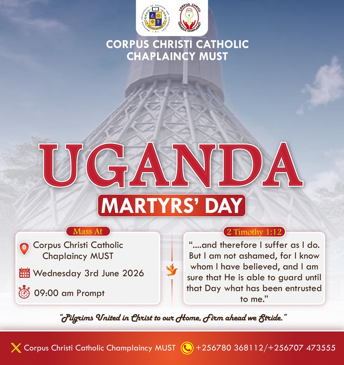 CorpusMust's tweet photo. Come and celebrate the Holy Mass as we honor these faithful servants of God and renew our commitment to Christ.
📍 Corpus Christi Catholic Chaplaincy MUST
🗒️ Wednesday, 3rd June 2026
⏰ 9:00 AM Prompt https://t.co/D4CcbFexL9