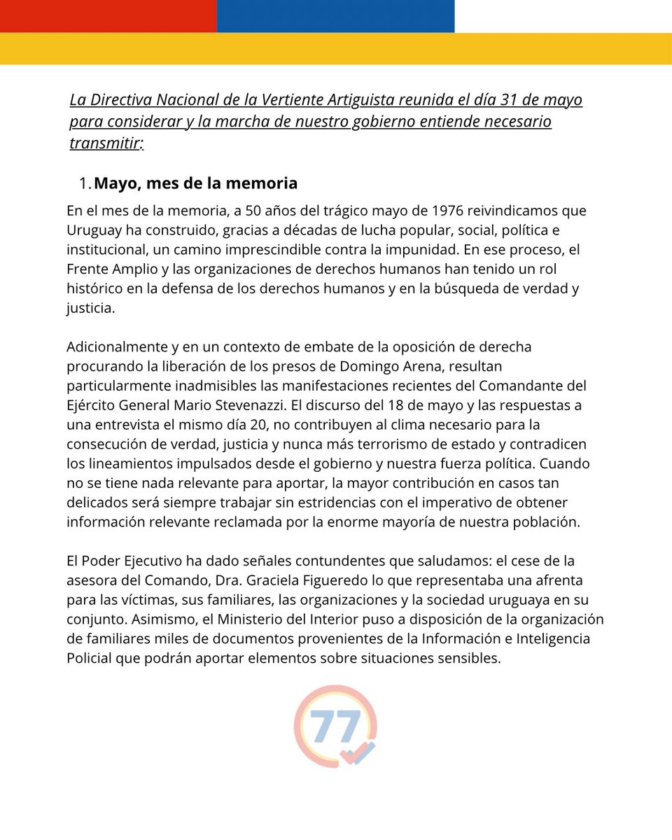 LaVertienteFA's tweet photo. La Directiva Nacional de la Vertiente Artiguista sesionó este domingo para intercambiar y definir posiciones sobre los principales temas de la realidad nacional.

Seguimos construyendo colectivamente propuestas y definiciones para fortalecer el proyecto político de la izquierda uruguaya.

📄 Compartimos la declaración aprobada.