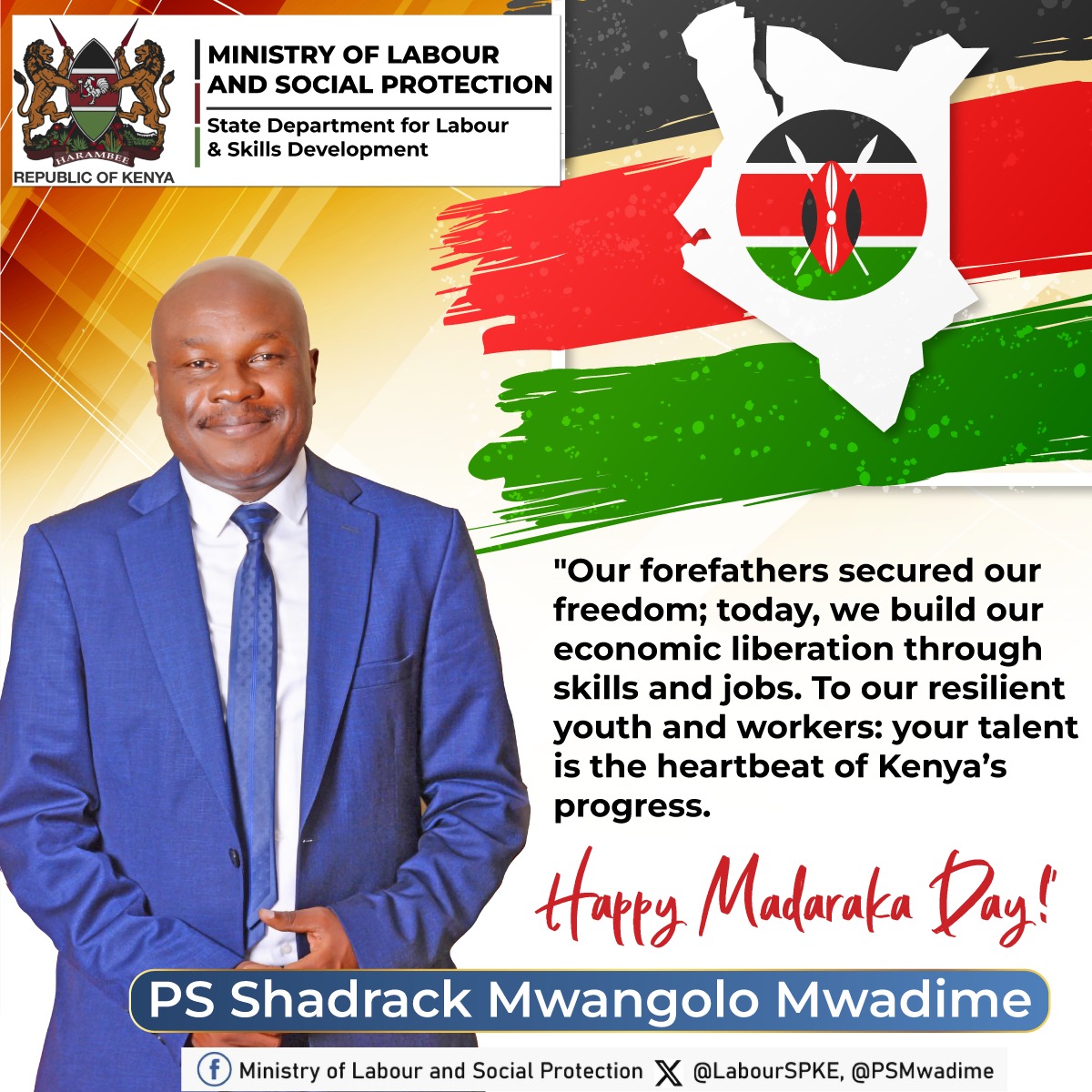 PSMwadime's tweet photo. To all our resilient youth, workers, and all Kenyans, Happy Madaraka Day. https://t.co/7bsspY36zd