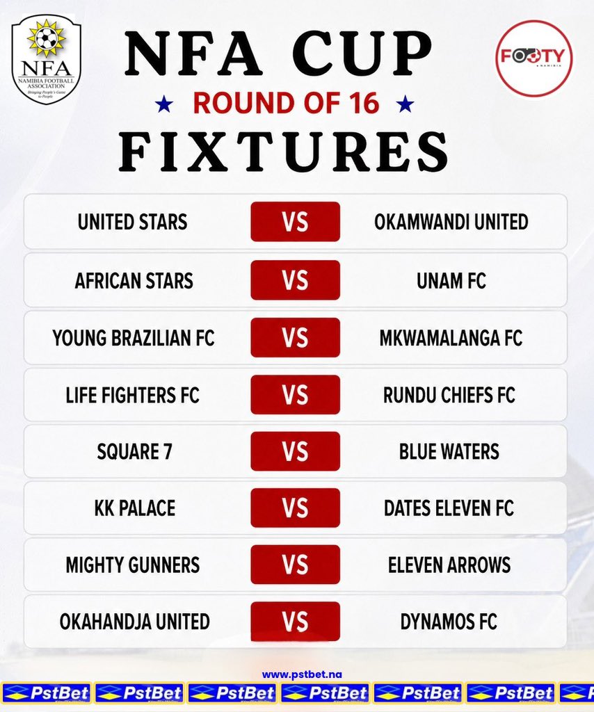 FootyNamibia's tweet photo. 🚨NFA CUP Round of 16 fixtures 

Venues yet to be announced https://t.co/xQMqkKmVan